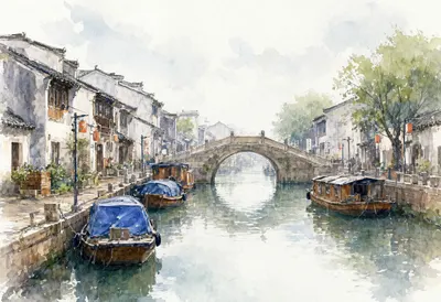 Canal Town With A Bridge And Moored Boats in the rain Watercolour