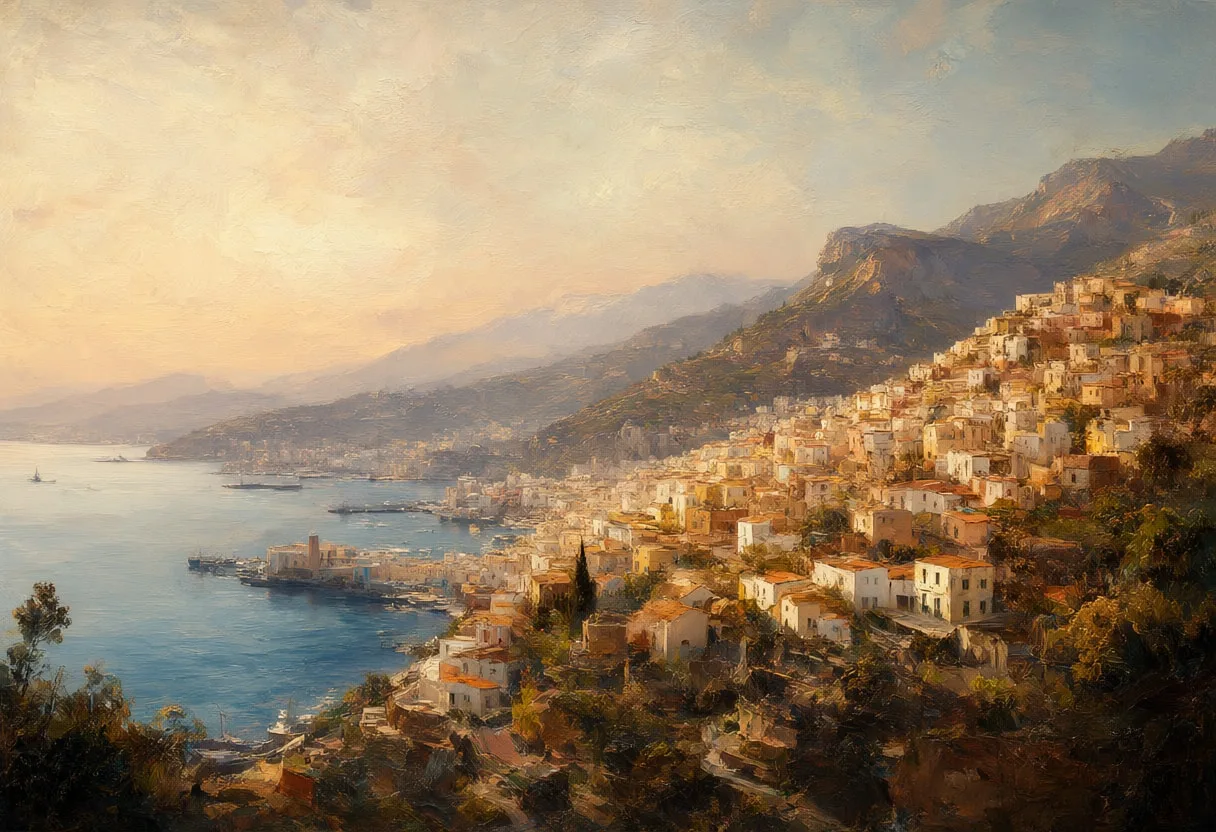 Coastal Town On A Hillside At Dusk Oil Painting