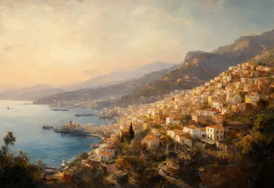 Coastal Town On A Hillside At Dusk Oil Painting