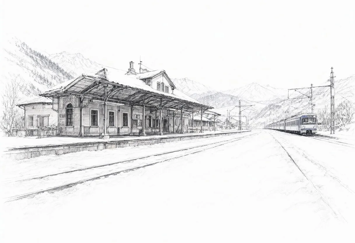 Snowy Train Station In The Mountains Pencil Sketch