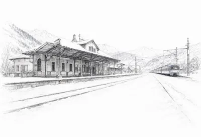 Snowy Train Station In The Mountains Pencil Sketch