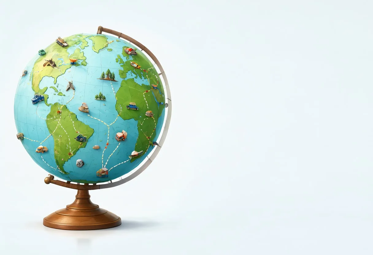 Vintage Globe With Dashed Route Lines styled with small travel props Digital Illustration
