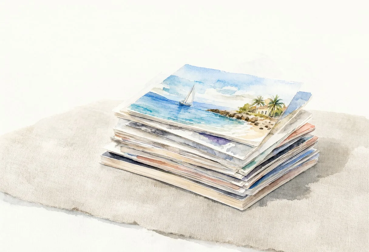 Stack Of Travel Postcards On Linen on a linen cloth Watercolour