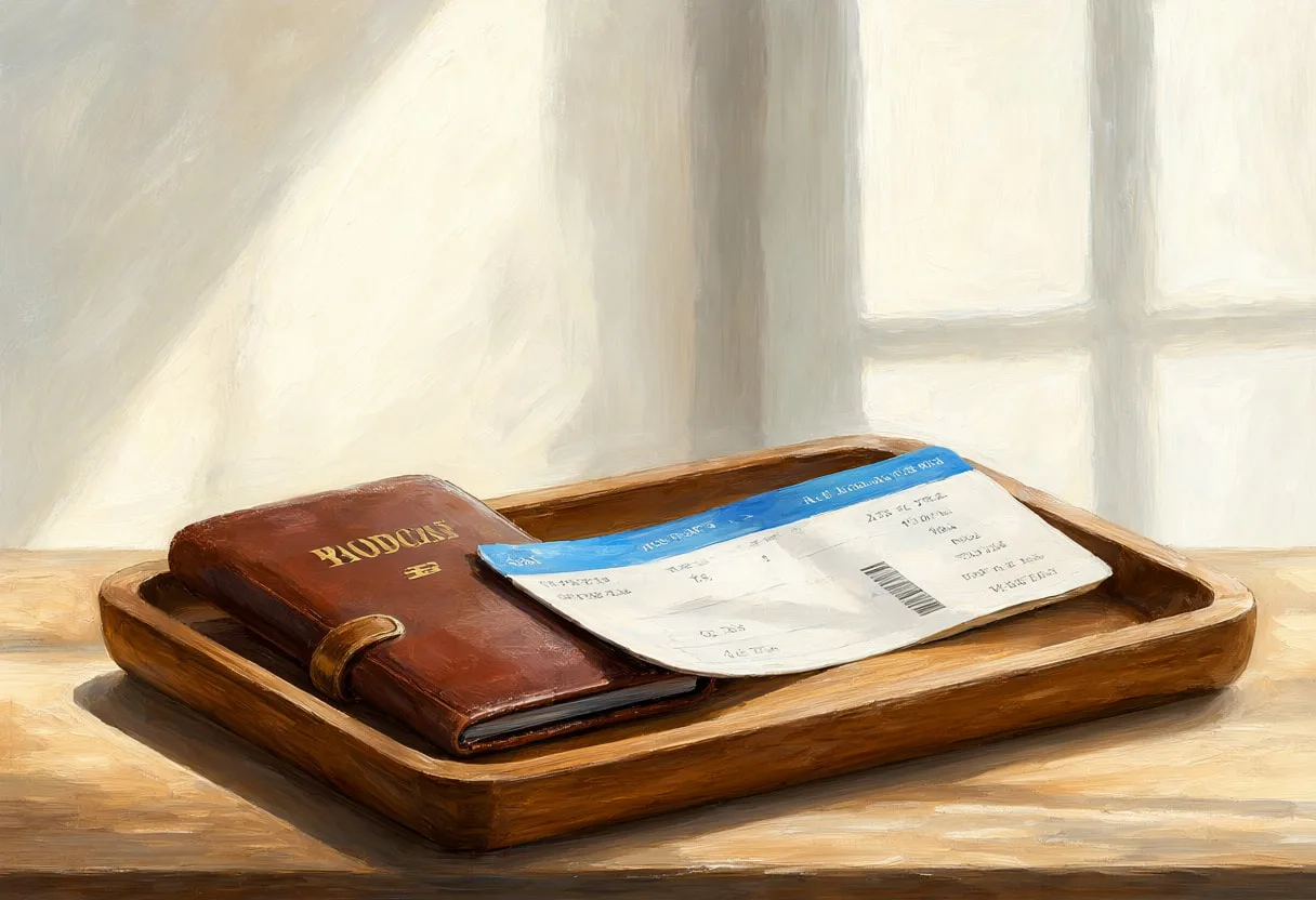 Passport And Boarding Pass On A Wooden Tray in soft window light Oil Painting
