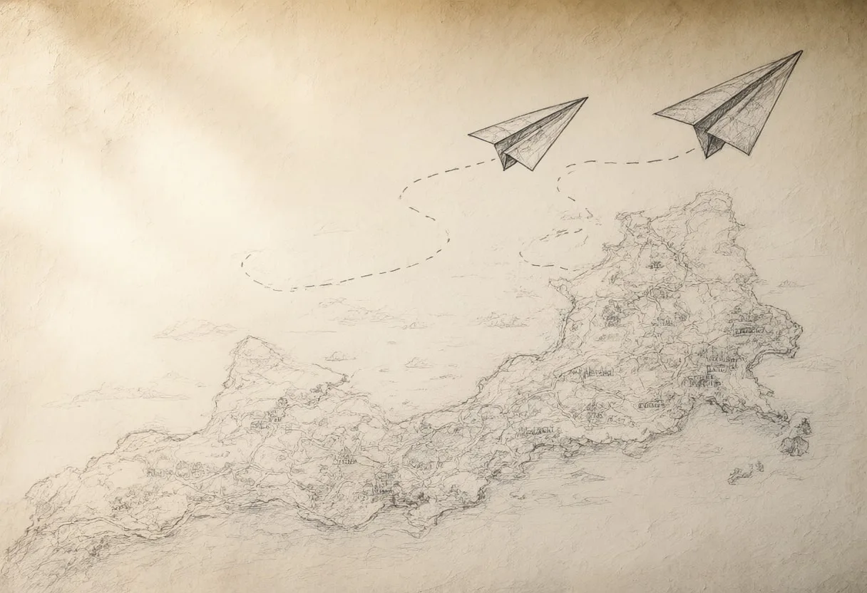 Paper Plane With A Dashed Trail Over A Map against a warm plaster wall Pencil Sketch