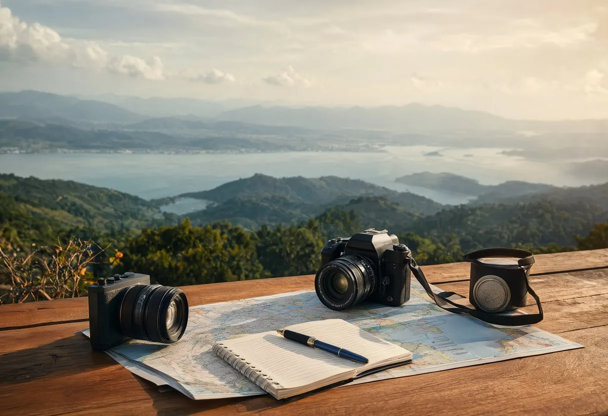Camera And Notebook On A Travel Map on a warm wooden table