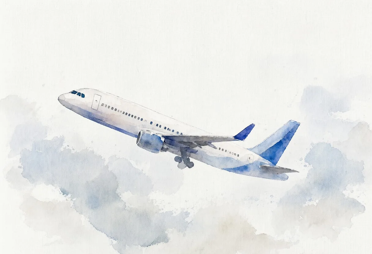 Airport Window With An Airplane Silhouette on a linen cloth Watercolour