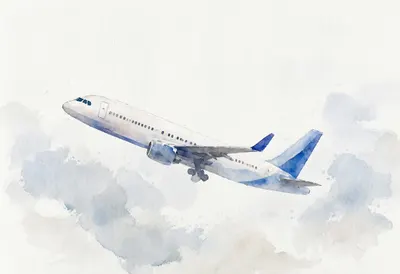 Airport Window With An Airplane Silhouette on a linen cloth Watercolour
