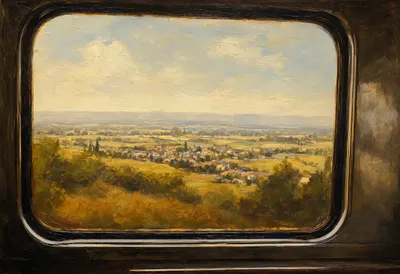 Train Window With A Landscape Passing By Oil Painting