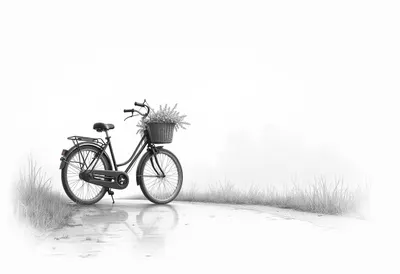 Bicycle With A Basket Of Flowers On A Country Lane at sunrise Pencil Sketch