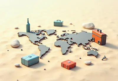 Road Map Made Of Small Pebbles On Sand styled with small travel props Digital Illustration