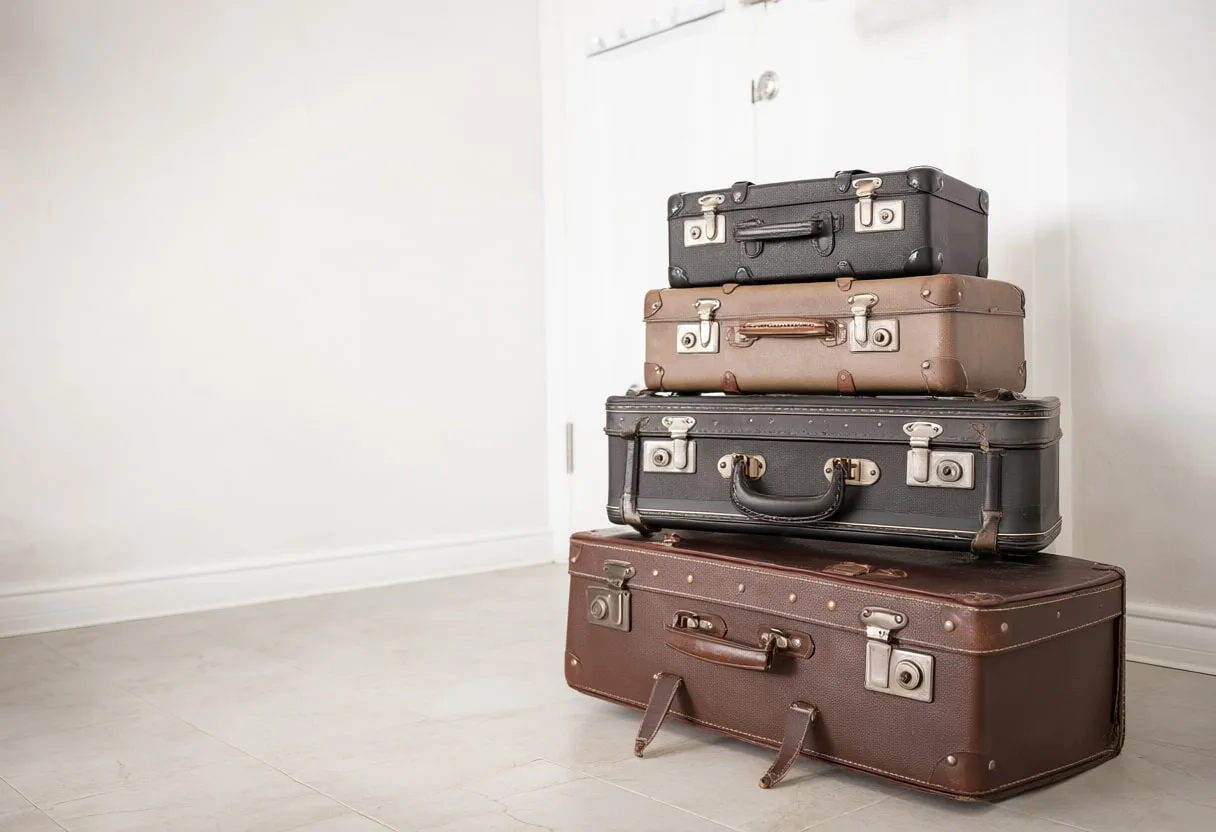 Stack Of Vintage Suitcases In A Bright Hallway as a flat lay from above