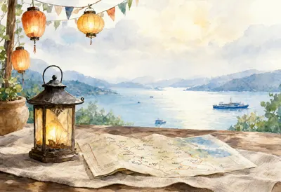 Lantern And A Map On A Wooden Table on a linen cloth Watercolour
