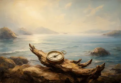 Compass On Driftwood By The Sea in soft mist Oil Painting
