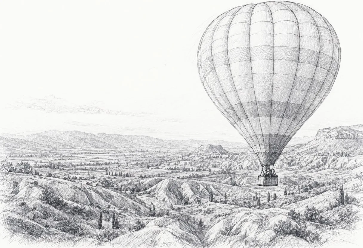 Hot Air Balloon Over A Green Valley on a quiet day Pencil Sketch