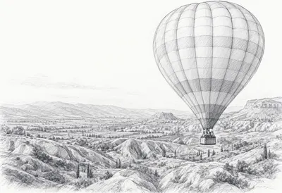 Hot Air Balloon Over A Green Valley on a quiet day Pencil Sketch