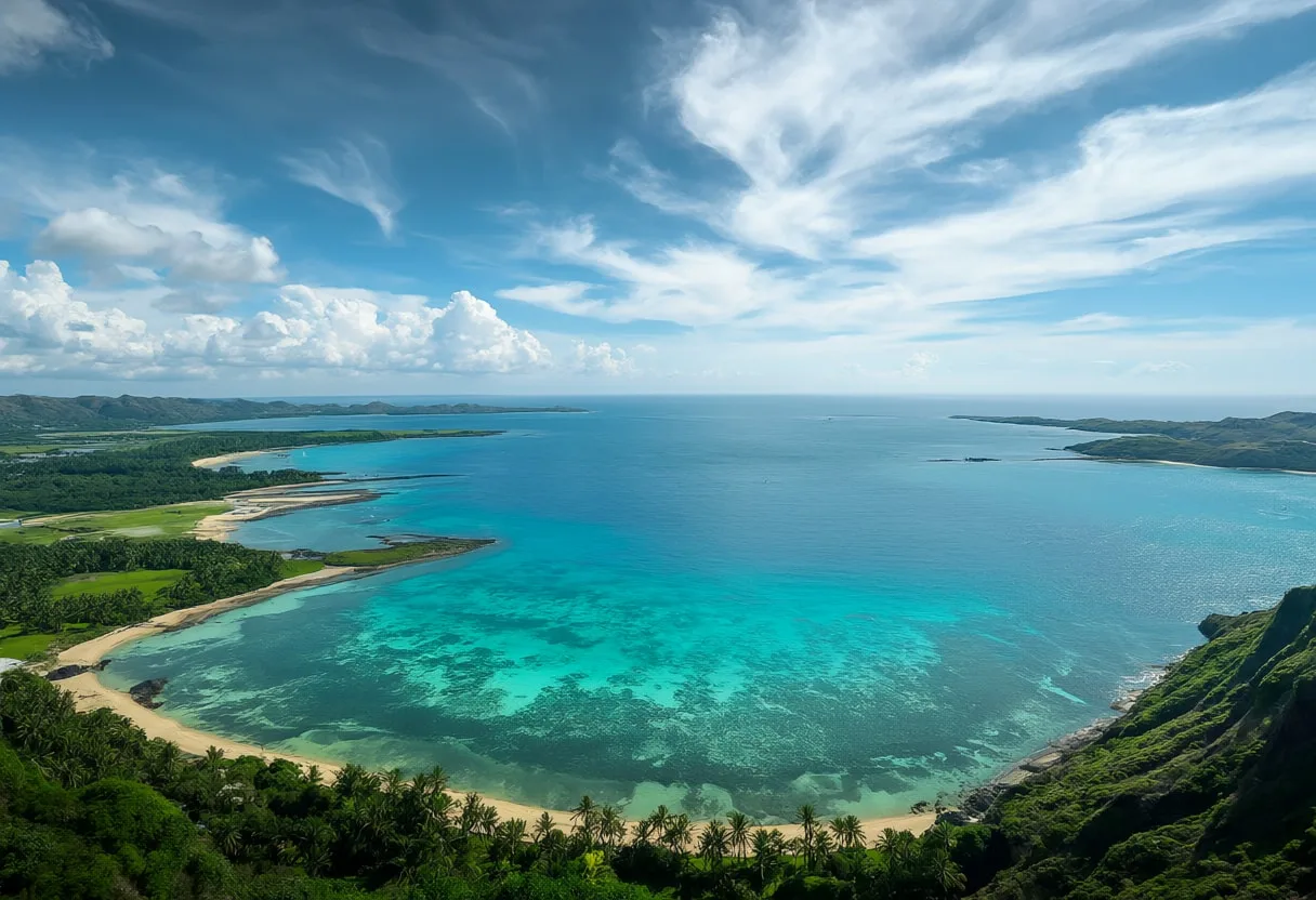 Wide Aerial Coastline With Turquoise Water under a dramatic sky Digital Illustration
