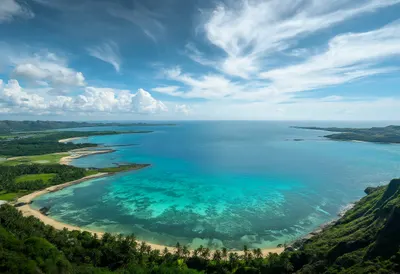 Wide Aerial Coastline With Turquoise Water under a dramatic sky Digital Illustration