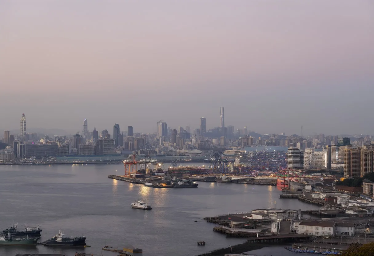 Harbour Skyline At Dusk Seen From Far Away