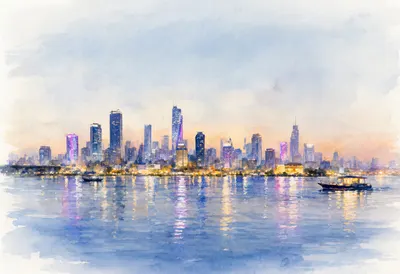 City Lights Skyline Across Calm Water At Night Watercolour