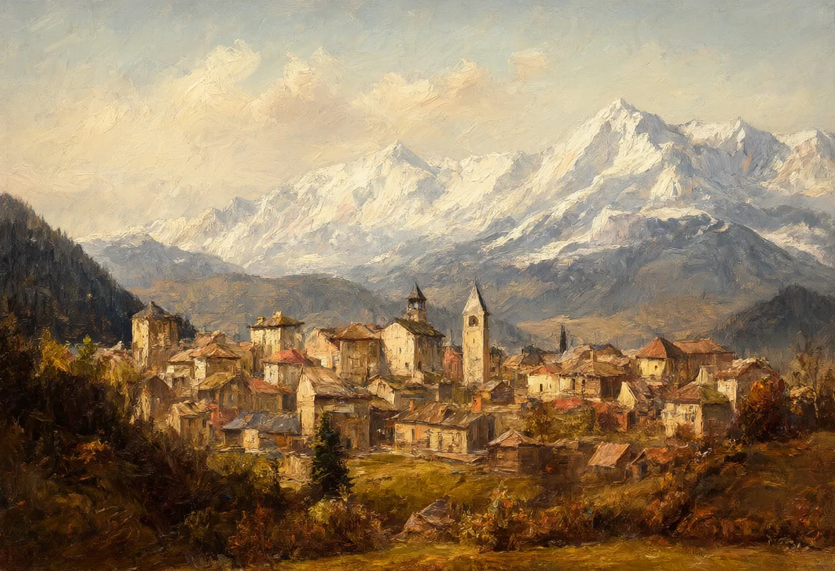 Snowy Mountain Village Seen From A Distance from above Oil Painting