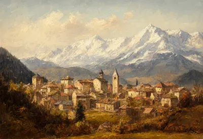 Snowy Mountain Village Seen From A Distance from above Oil Painting