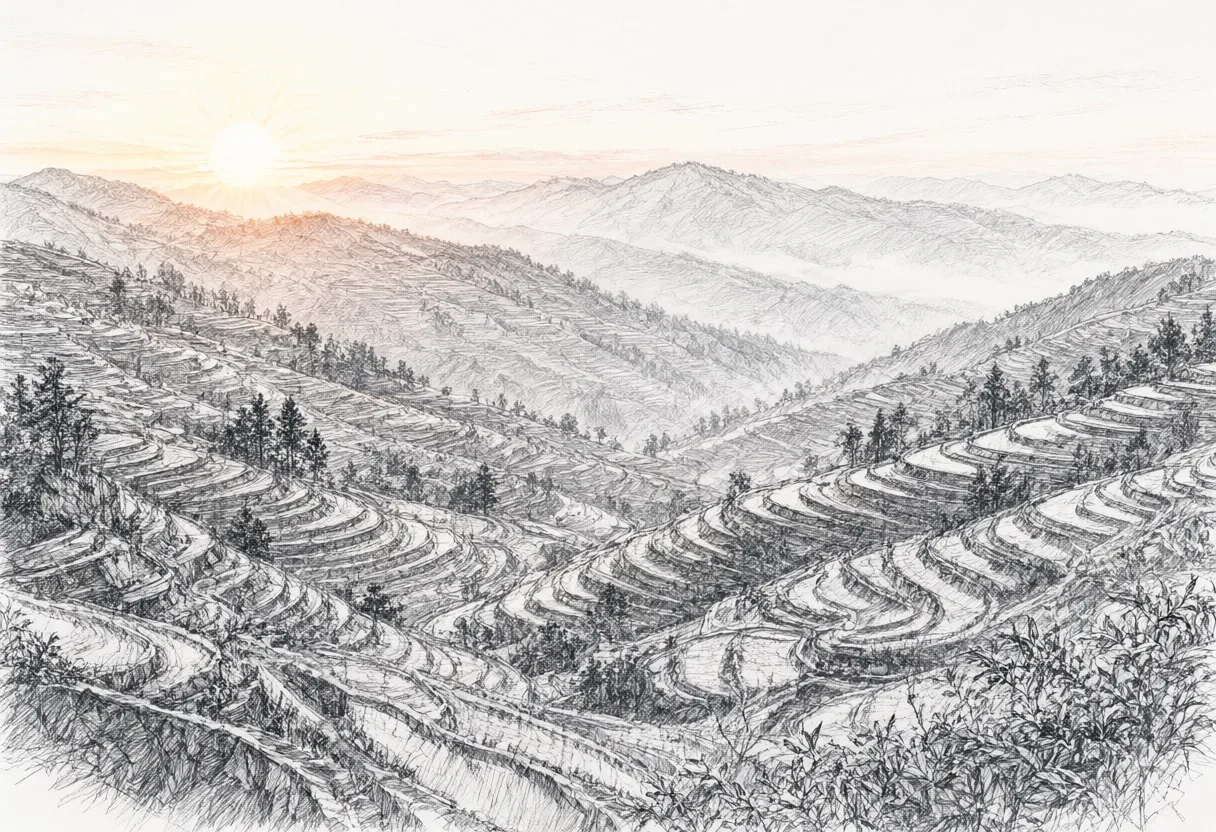 Terraced Hills At Sunrise From A Viewpoint Pencil Sketch