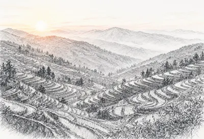 Terraced Hills At Sunrise From A Viewpoint Pencil Sketch