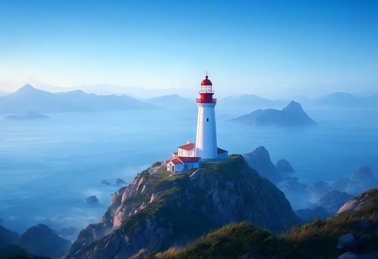 Lighthouse On A Headland At Blue Hour in soft mist Digital Illustration