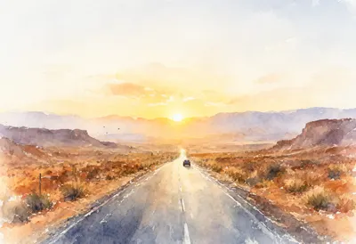 Desert Road With A Single Car Far Away at sunrise Watercolour