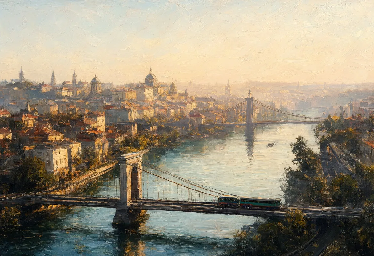 Bridge Over A River At Dawn From A Distance Oil Painting
