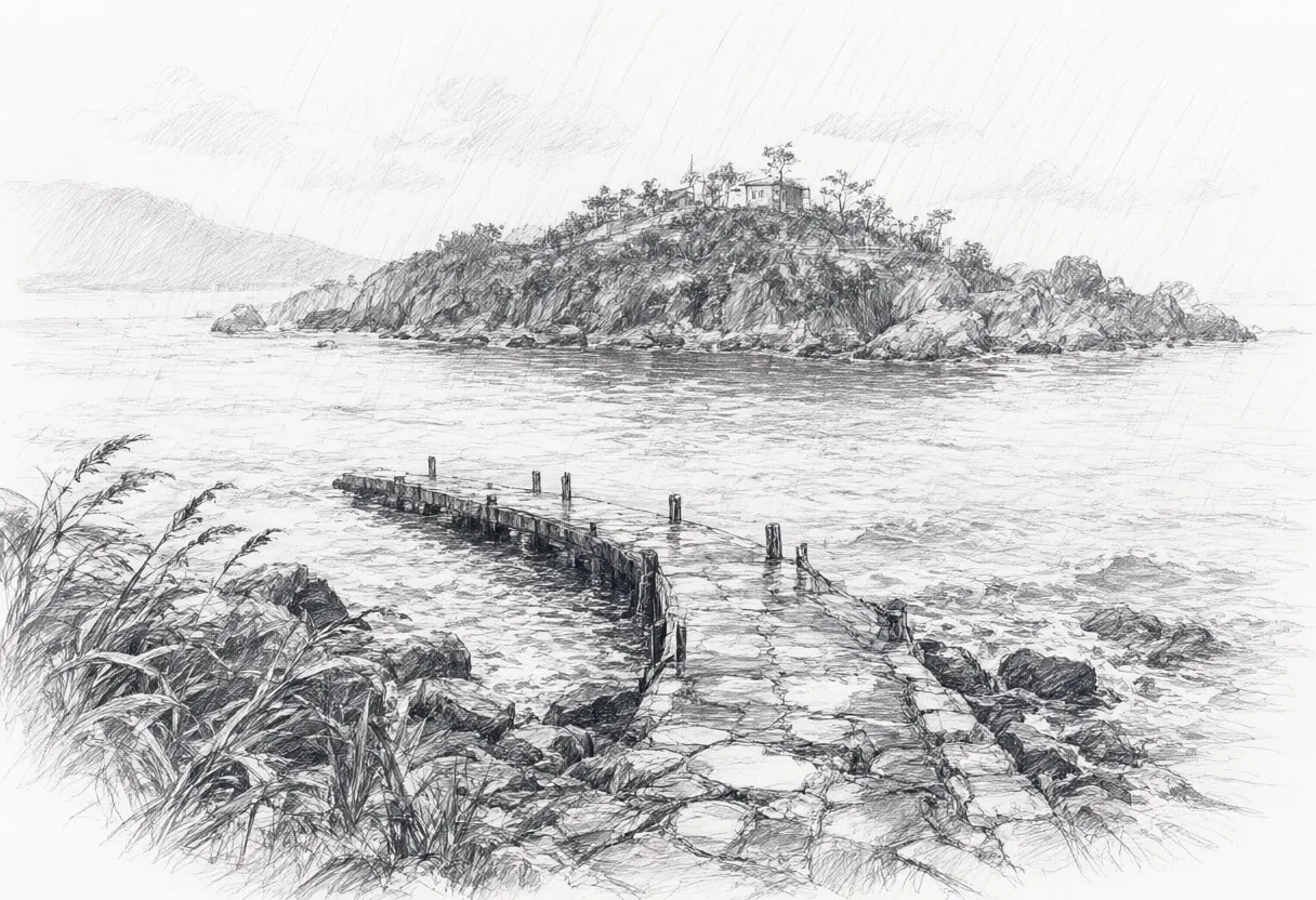 Island With A Small Pier From Above in the rain Pencil Sketch