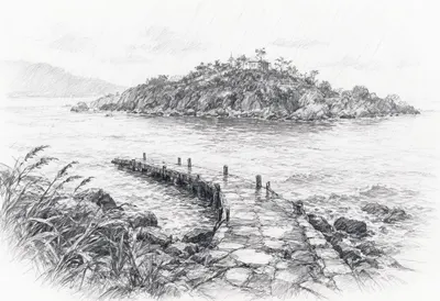 Island With A Small Pier From Above in the rain Pencil Sketch