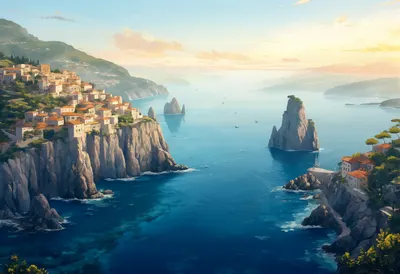 Mediterranean Coastline With Cliffs At Sunset Digital Illustration