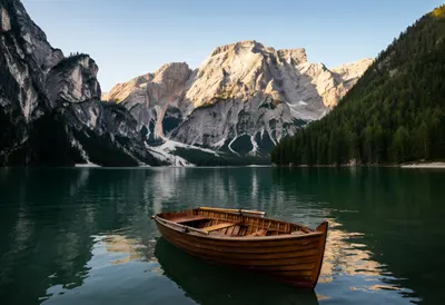 Alpine Lake With A Wooden Boat in warm evening light