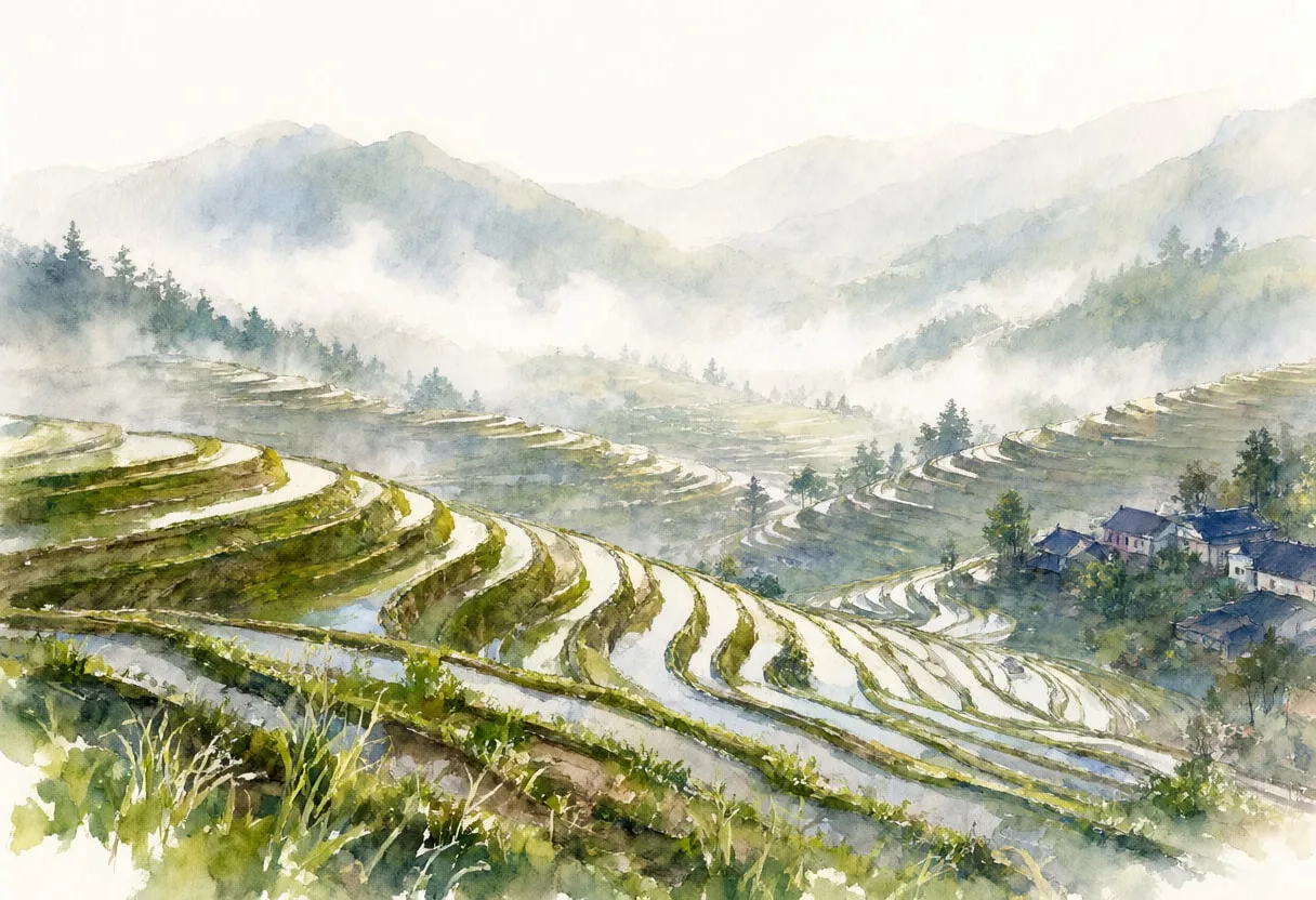 Rice Terraces In Morning Mist Watercolour