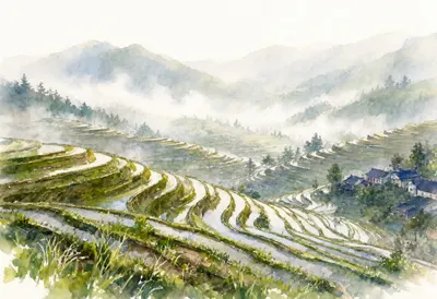 Rice Terraces In Morning Mist Watercolour