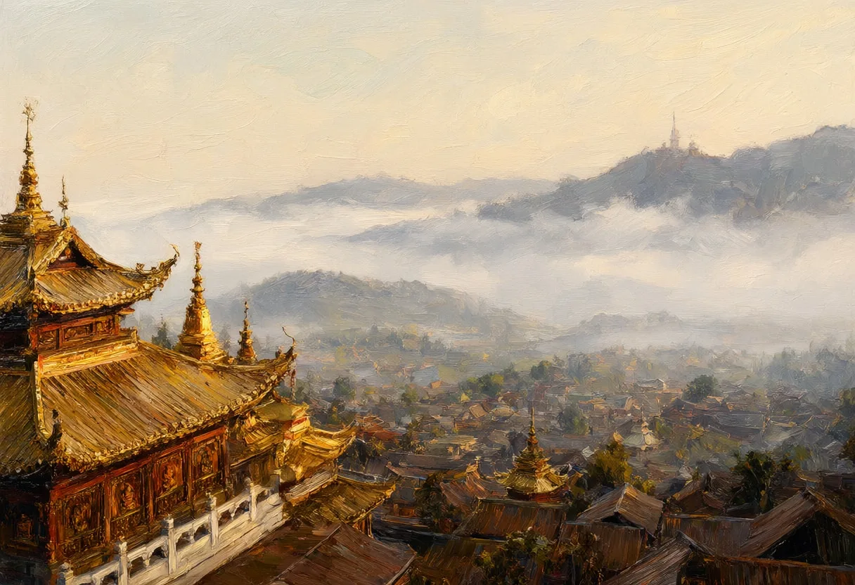 Temple Rooftops Above A Misty Valley Oil Painting