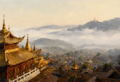 Temple Rooftops Above A Misty Valley Oil Painting