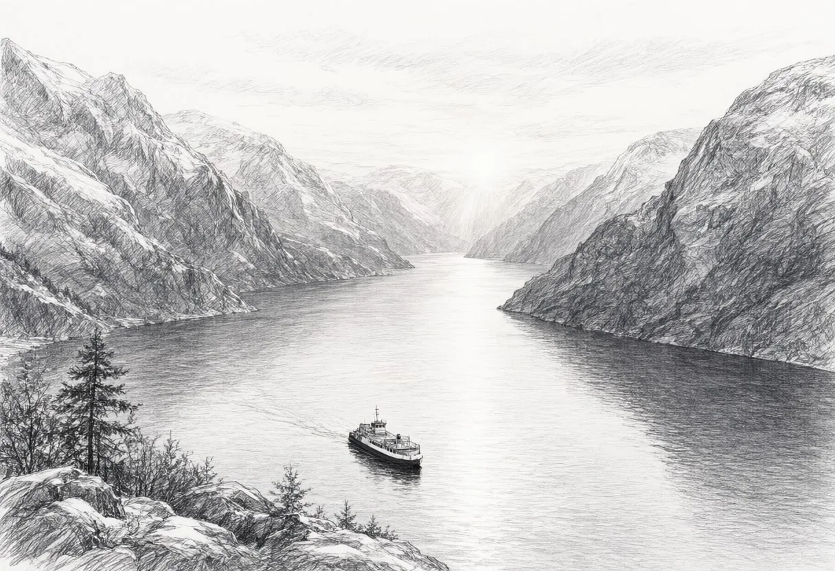 Fjord With A Small Ferry Far Below at sunrise Pencil Sketch