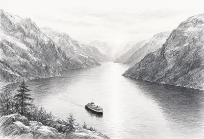 Fjord With A Small Ferry Far Below at sunrise Pencil Sketch