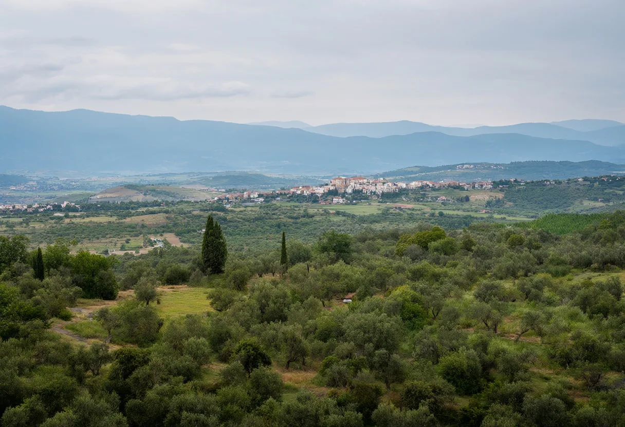 Olive Grove Hills With A Distant Village in the rain