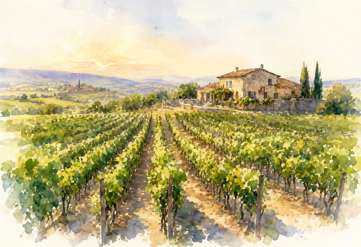 Vineyard Rows Leading To A Stone Farmhouse in warm evening light Watercolour
