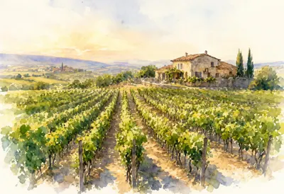 Vineyard Rows Leading To A Stone Farmhouse in warm evening light Watercolour