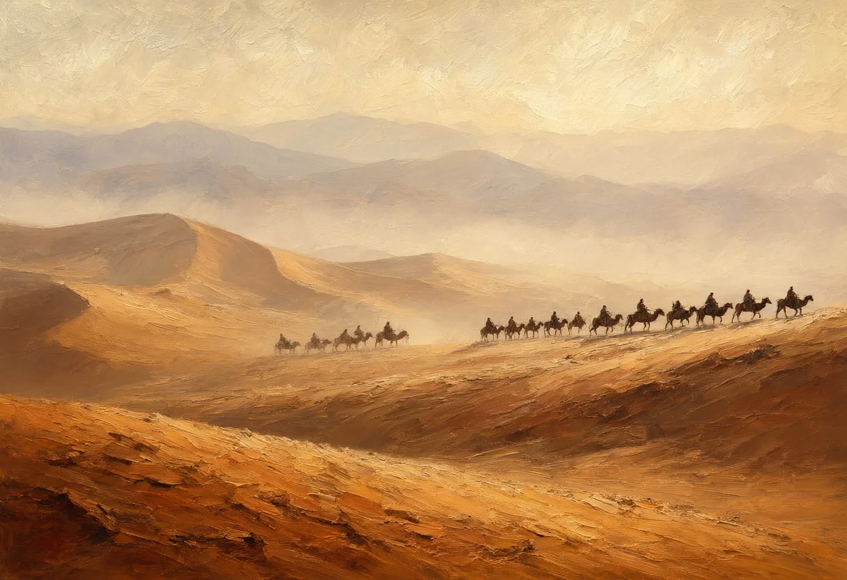 Desert Dunes With A Caravan In Silhouette in soft mist Oil Painting