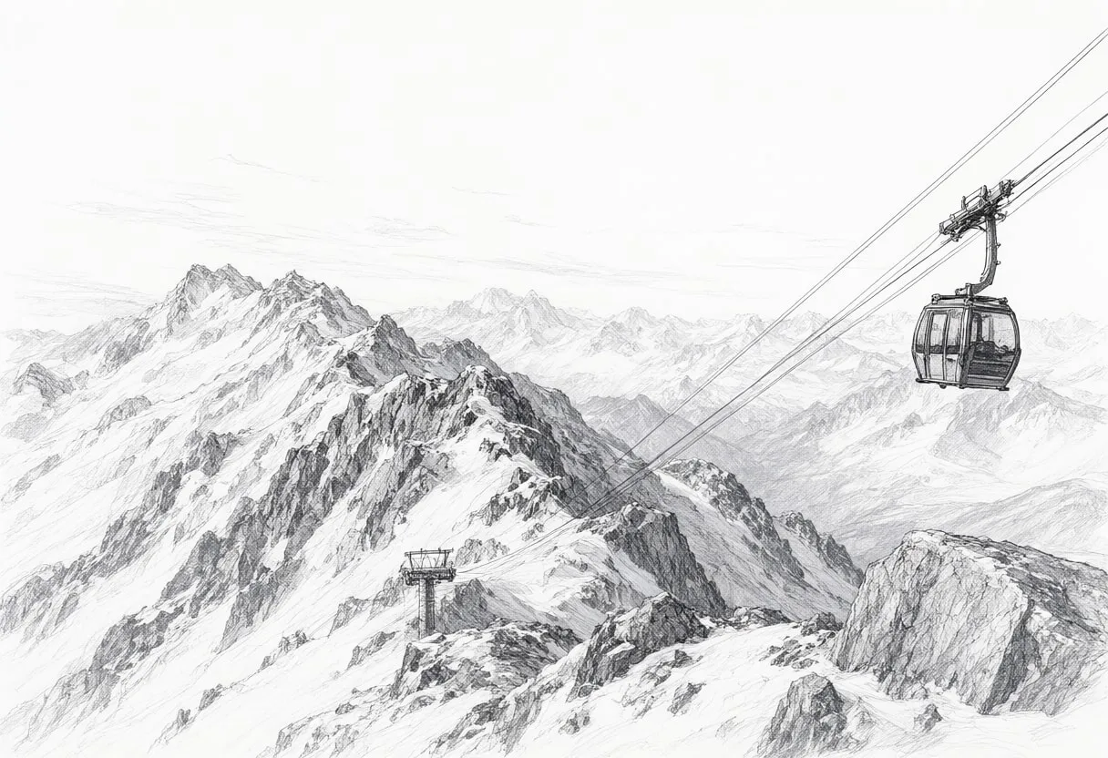 Snow Ridge With A Cable Car Silhouette on a quiet day Pencil Sketch