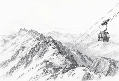 Snow Ridge With A Cable Car Silhouette on a quiet day Pencil Sketch
