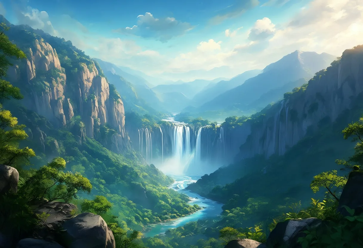 Waterfall Valley Seen From A Viewpoint under a dramatic sky Digital Illustration