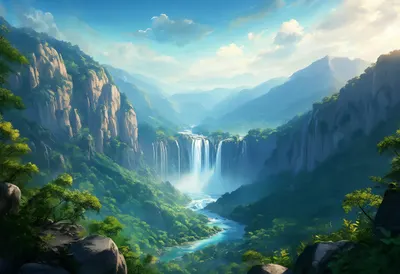 Waterfall Valley Seen From A Viewpoint under a dramatic sky Digital Illustration