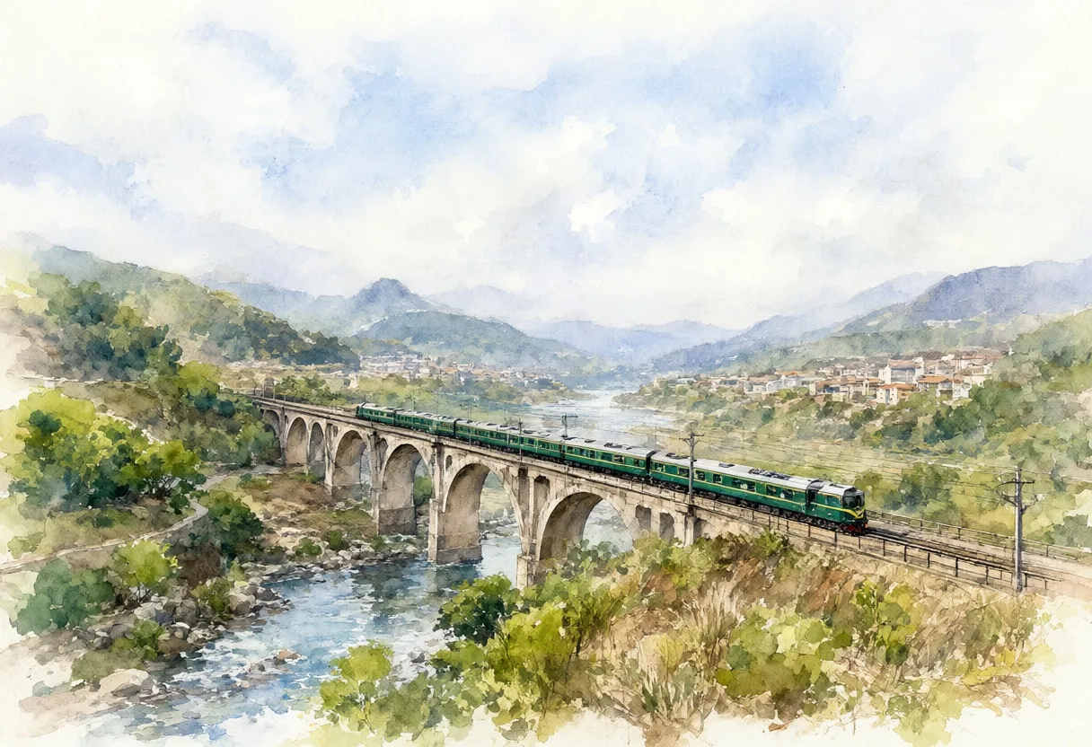 Train Crossing A Viaduct In A Valley Watercolour